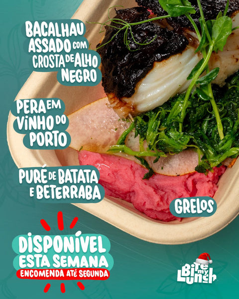 Especial Natal: Lombo de bacalhau com crosta de alho negro, grelos, puré de batata e beterraba e pera em vinho do Porto
